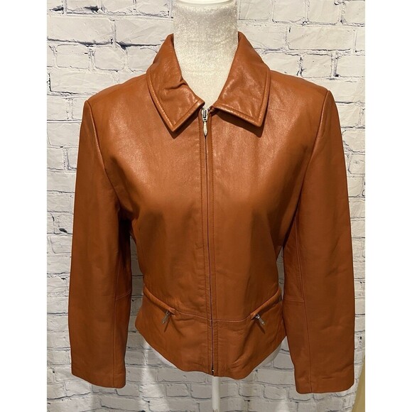 Vintage Wilsons Leather Jacket Women Orange Zip Up Size Medium - Picture 1 of 11
